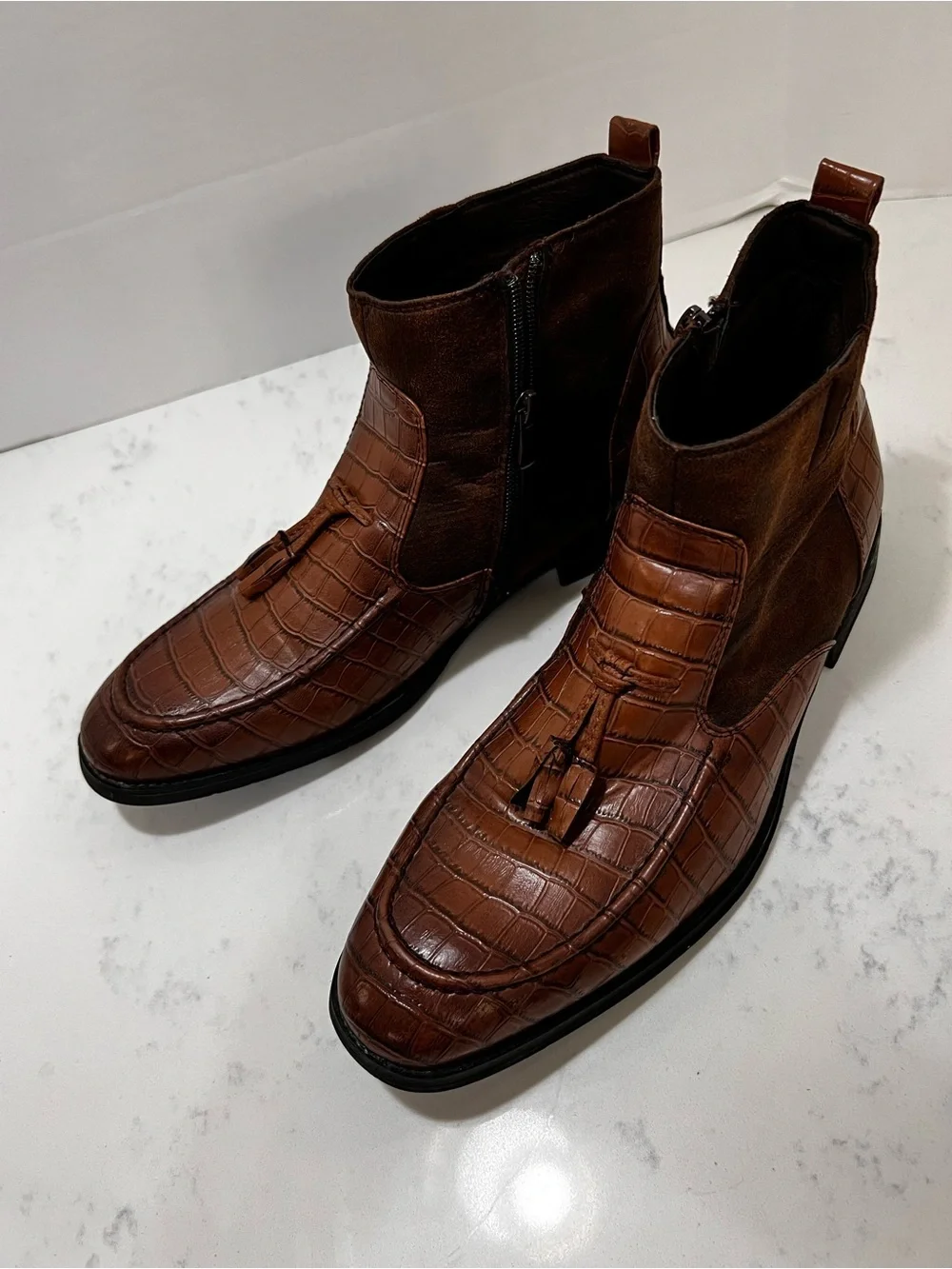 Men's Brown Croc-Embossed Tassel Chelsea Boots